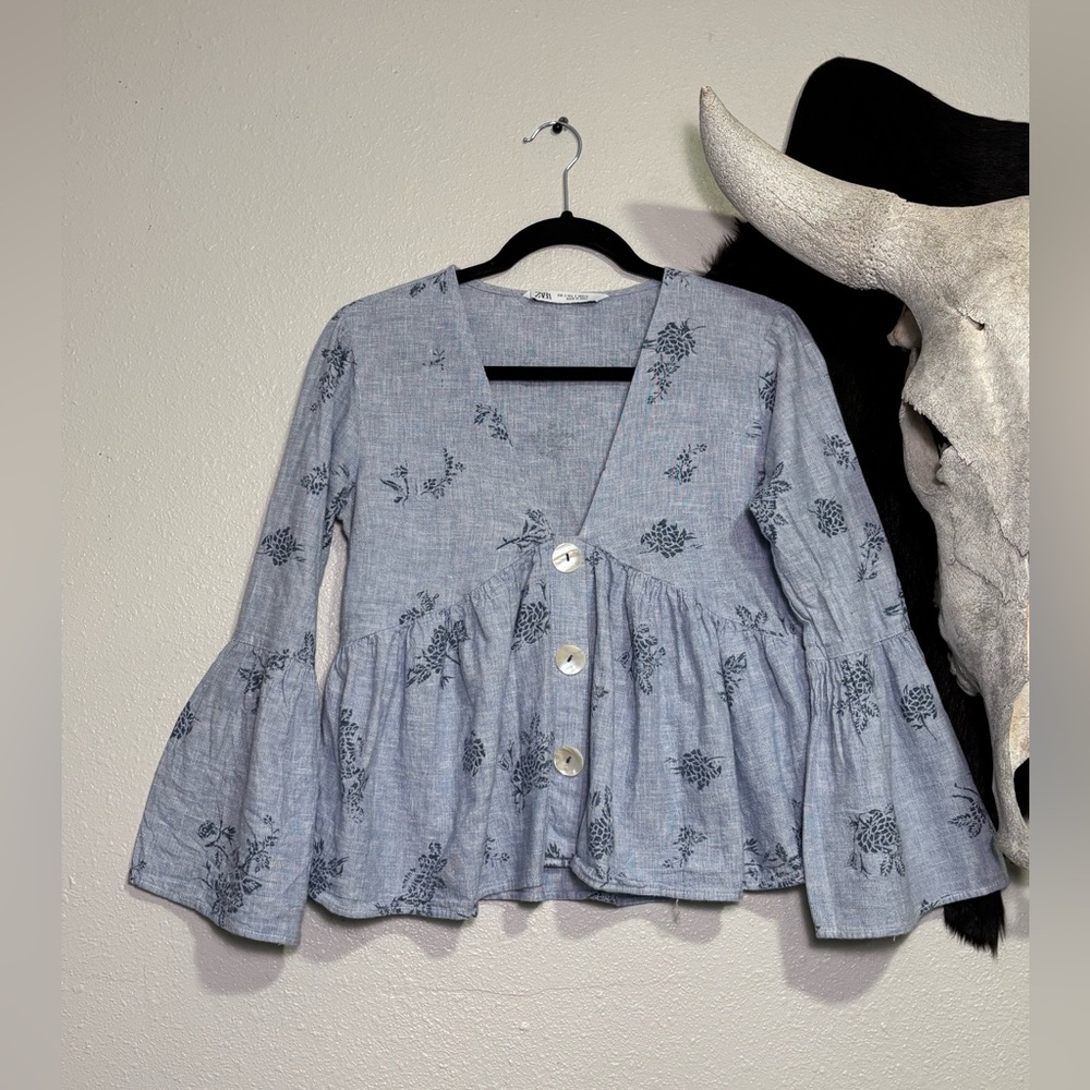 Zara Blue Floral Buttoned Blouse